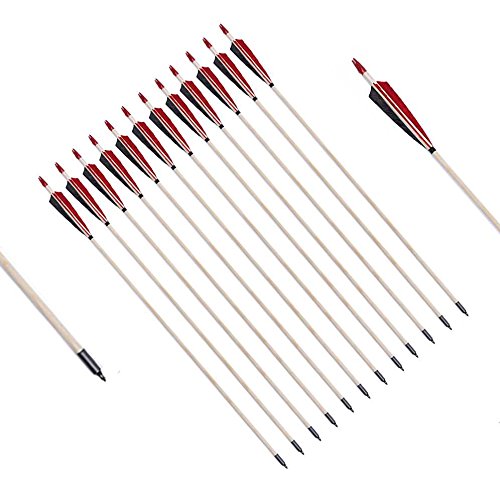 PG1ARCHERY Archery Target Arrows, 12 Pack Traditional Wooden Arrow Shield Feathers Fletched with Targeting Field Points Tips for Hunting