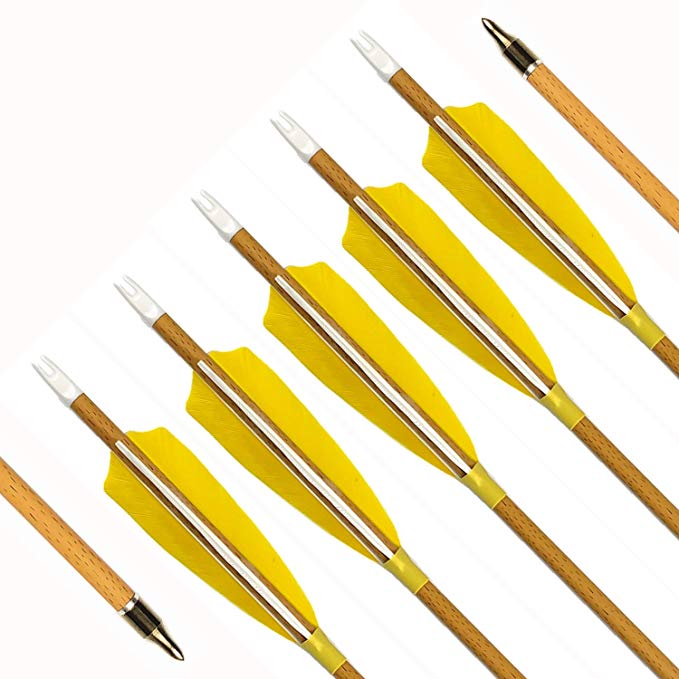 MS Jumpper Carbon Arrows 600 Spine Wood Grain Shaft with Real Feather and Field Points for Compound Recurve Bows (6 Pack)